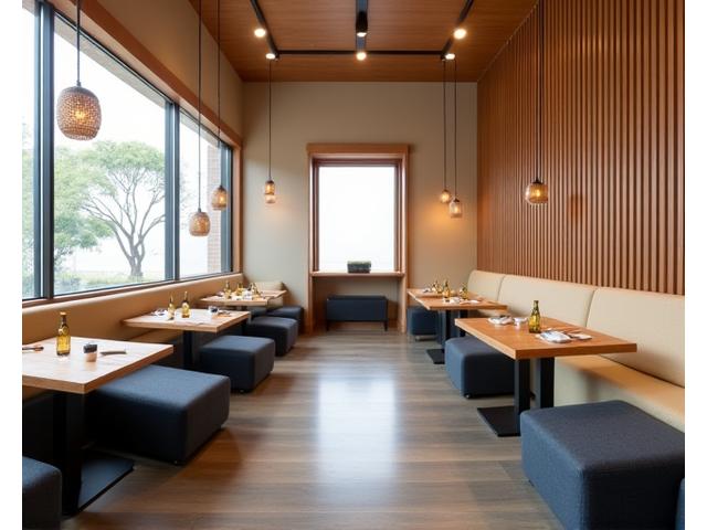 海頭魚のお食事処の落ち着いた内装。木目を基調とした和風モダンな空間。