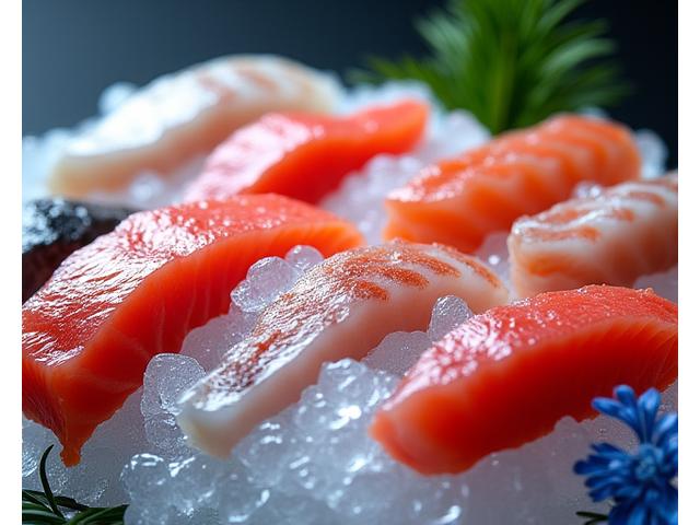 海頭魚の鮮魚コーナー。氷の上に並べられた新鮮な魚介類が美しく陳列されている。