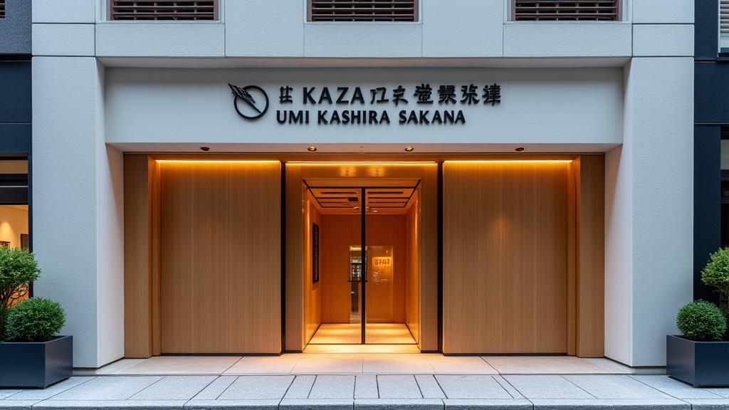 海頭魚のモダンで伝統的な店舗外観。銀座の街並みに溶け込む洗練されたデザイン。