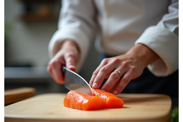 熟練の板前、佐藤健太が真剣な表情で新鮮な魚を捌く様子