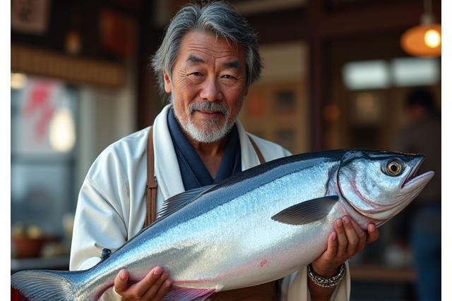 「海頭魚」の創業者、田中宏が新鮮な魚を手に情熱的に語る姿