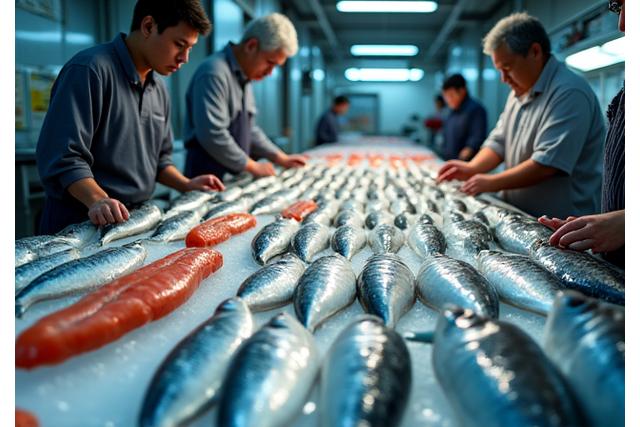 豊洲市場で早朝、新鮮な魚を仕入れる海頭魚のスタッフの様子