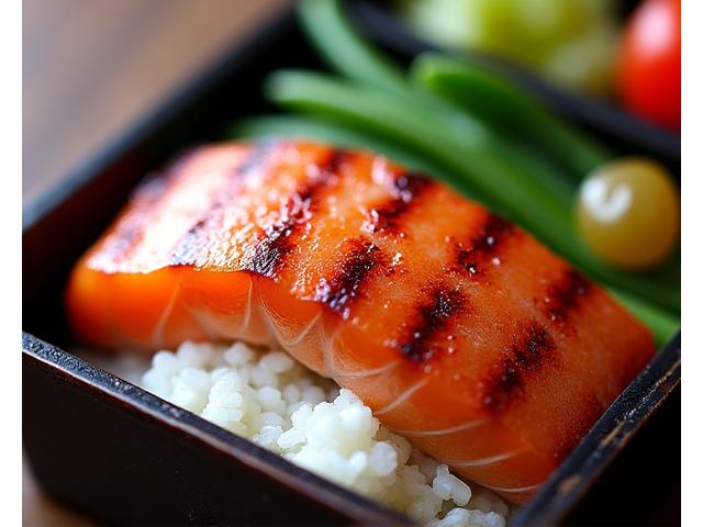 香ばしく焼き上げられた鮭の西京焼きとご飯、おかずが詰まった弁当