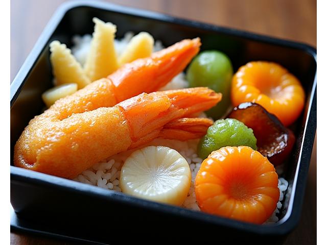エビや旬の野菜の天ぷらが豪華に盛り付けられた天ぷら弁当