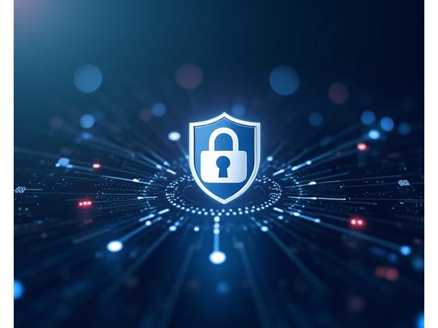 データのプライバシー、セキュリティ、保護を示す抽象的な画像。鍵と盾のアイコン、デジタルネットワーク、光るピクセルが表示されている。